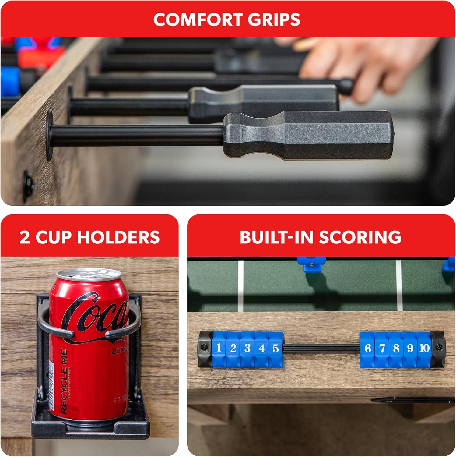 Detail collage showing black comfort grips on rods, metal cup holder with a can, and blue sliding scoring beads