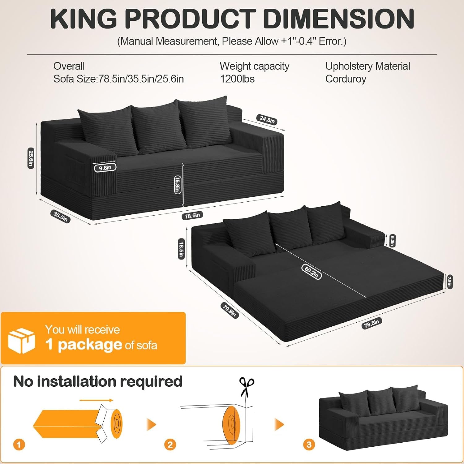 Diagram of the sofa and its unfolded bed with measurement callouts on a beige background.