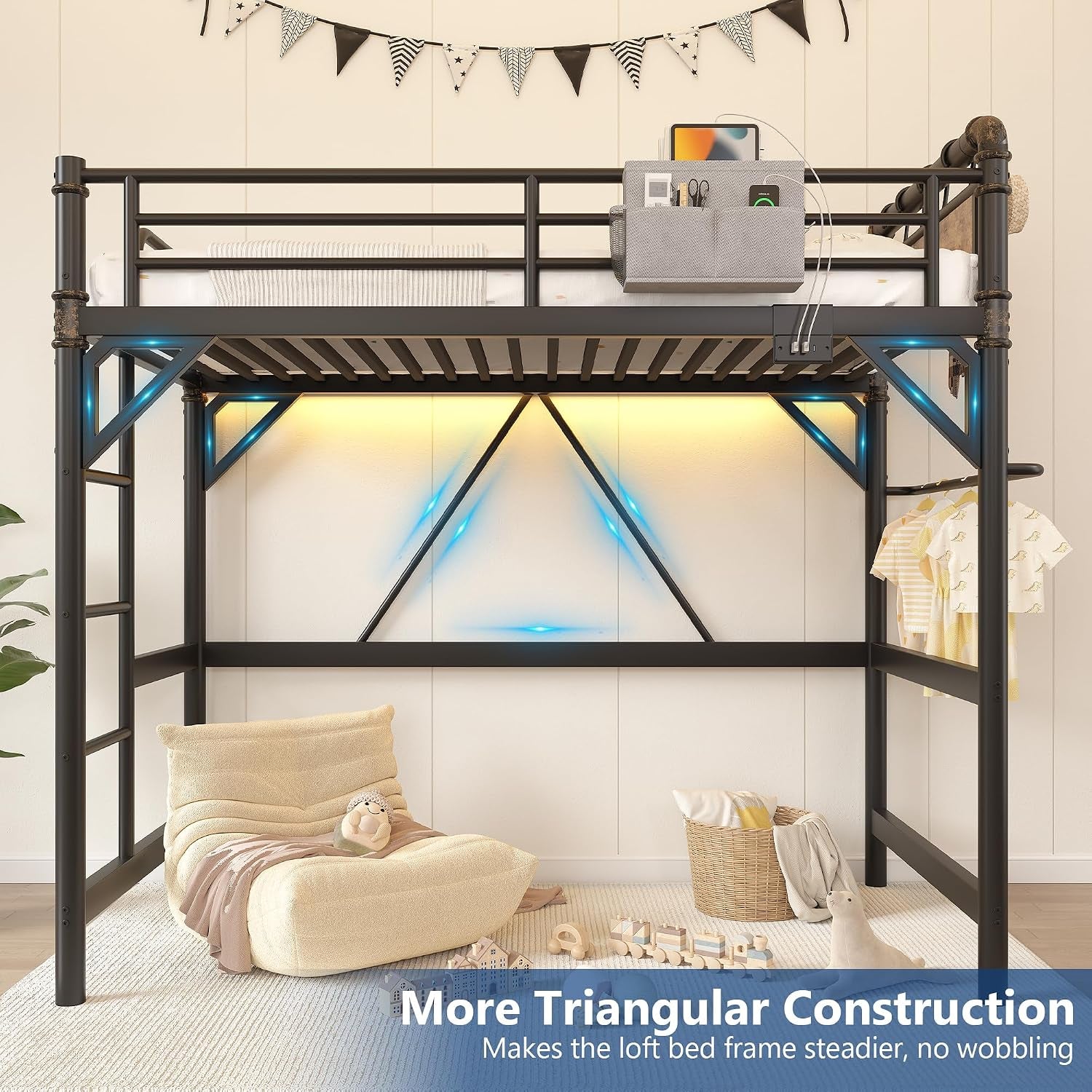 Front view of a black loft bed showing triangular cross braces and warm yellow LED strip lighting under the bed.