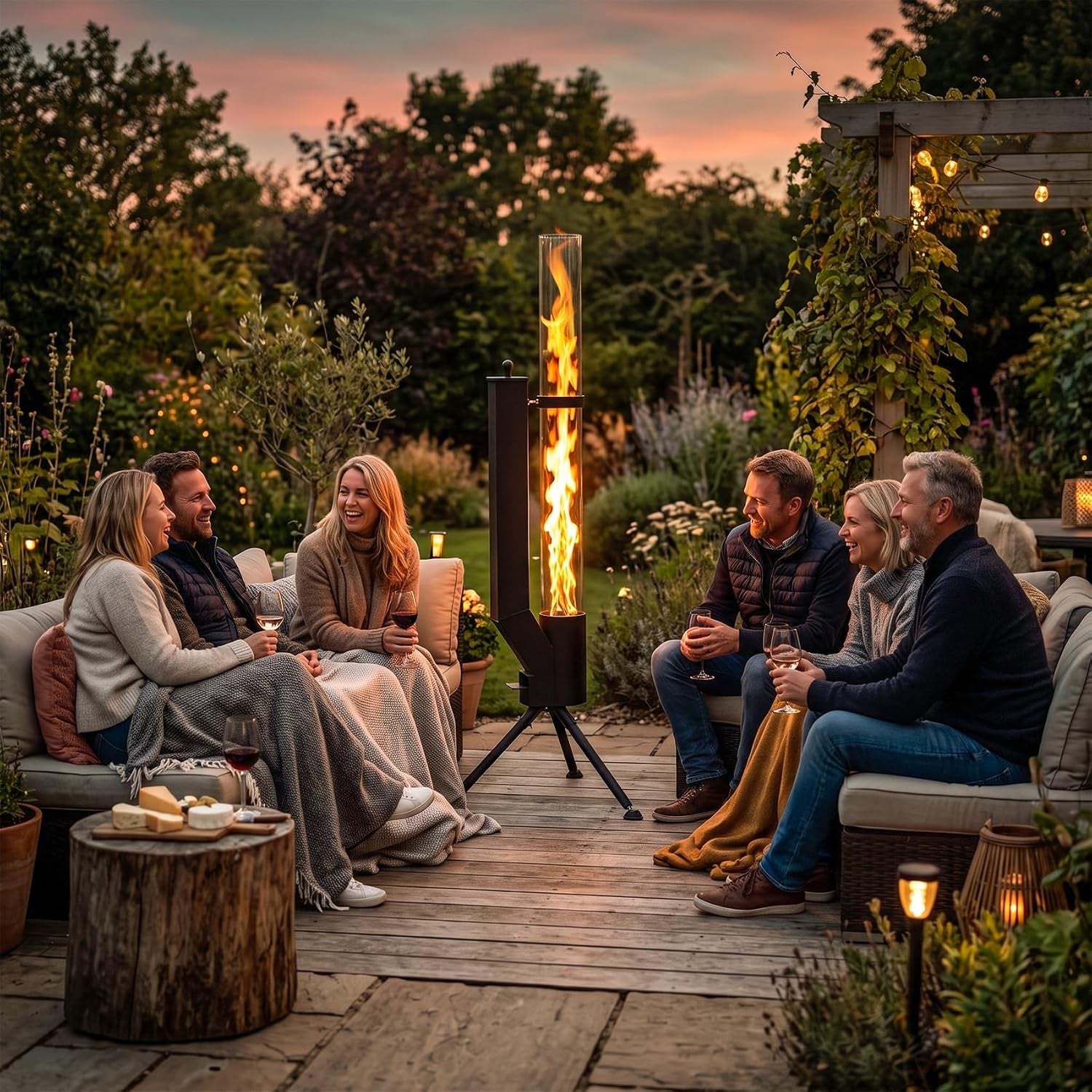 Outdoor evening patio scene with friends seated around a glowing wood pellet heater on a deck