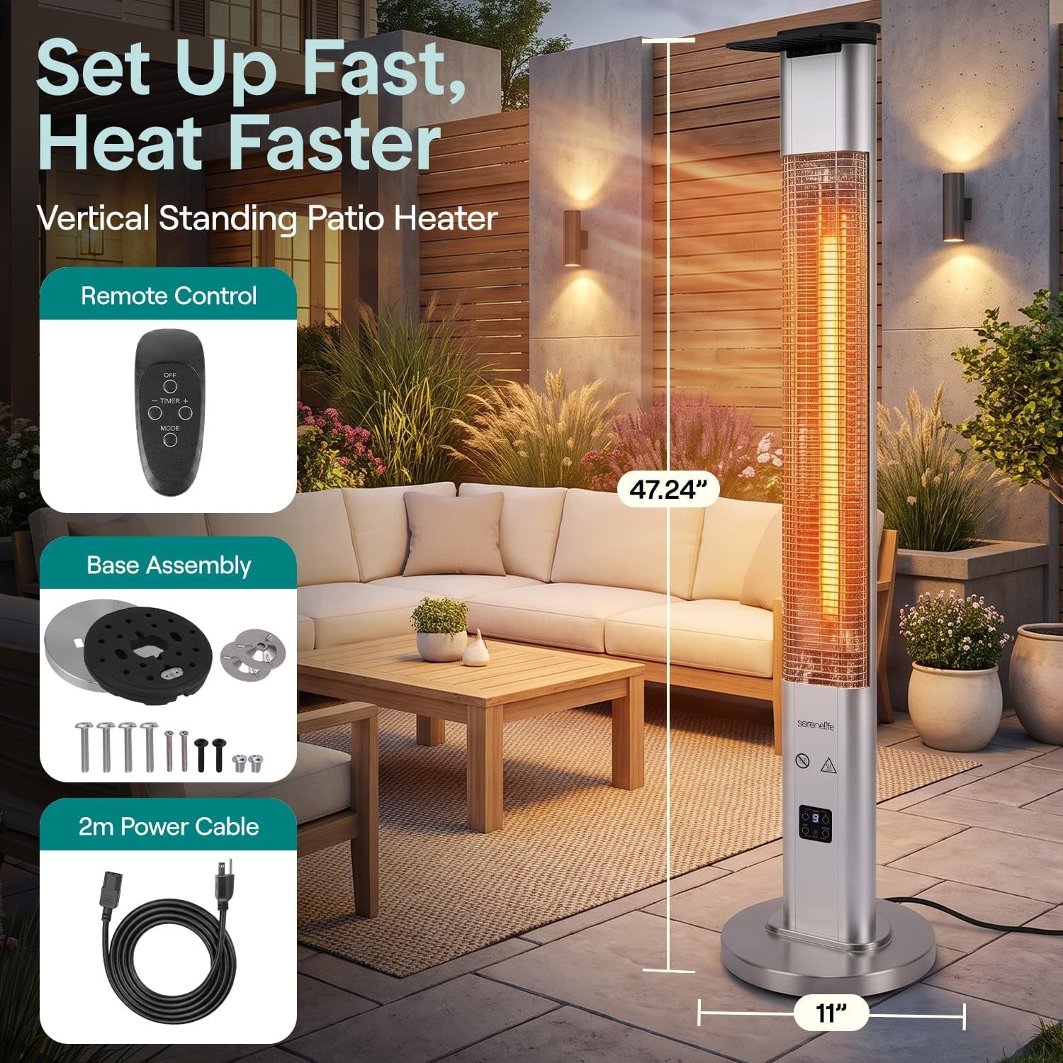Heater shown upright on a patio with callouts indicating its height and base width.