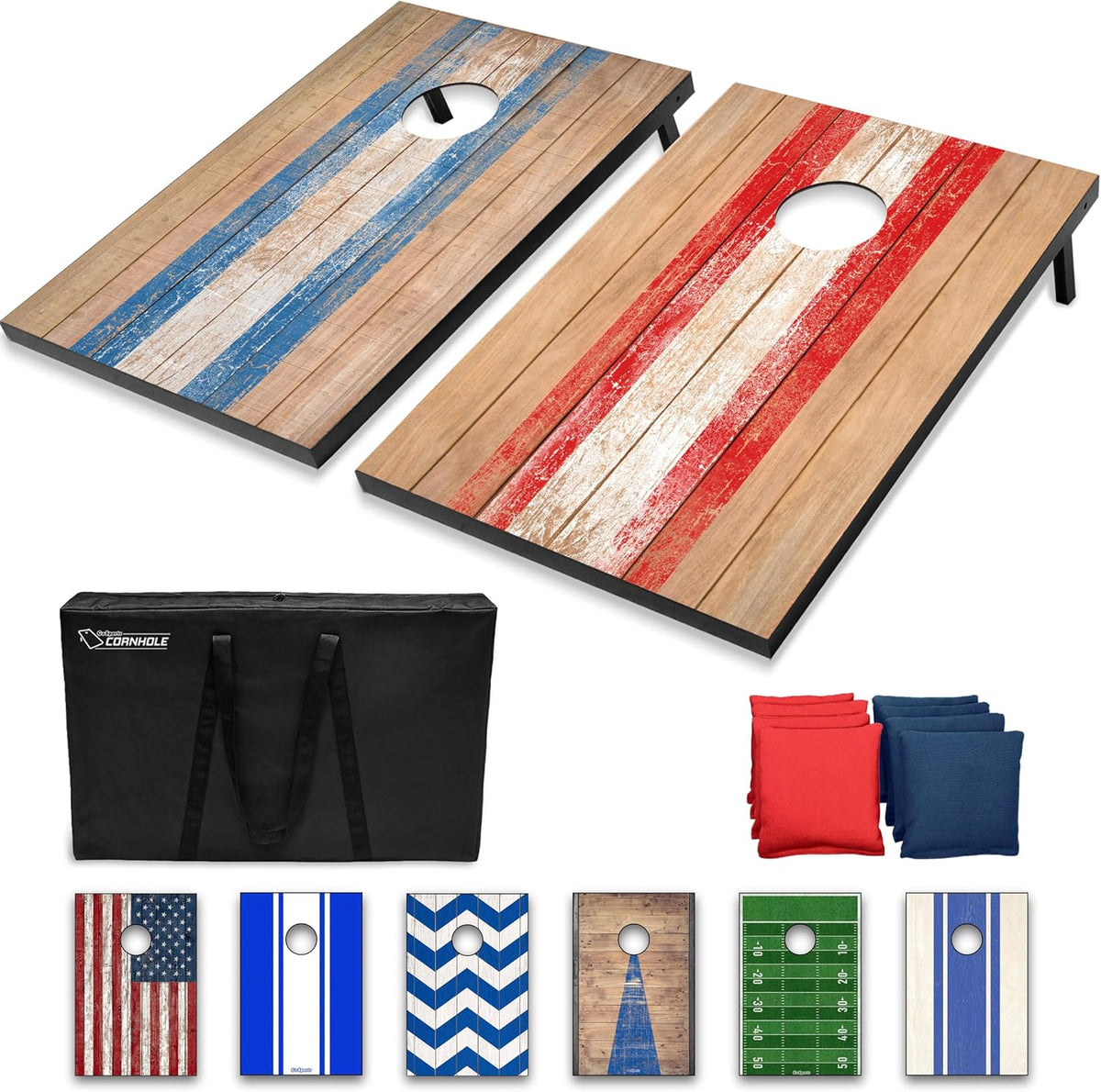 Top perspective of two weathered wood boards with alternating blue and red center stripes, carry bag and eight bags visible.