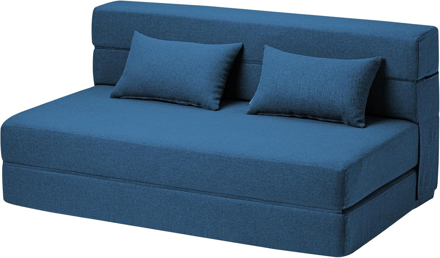 Blue two-seat configuration of the folding sofa with two rectangular pillows.