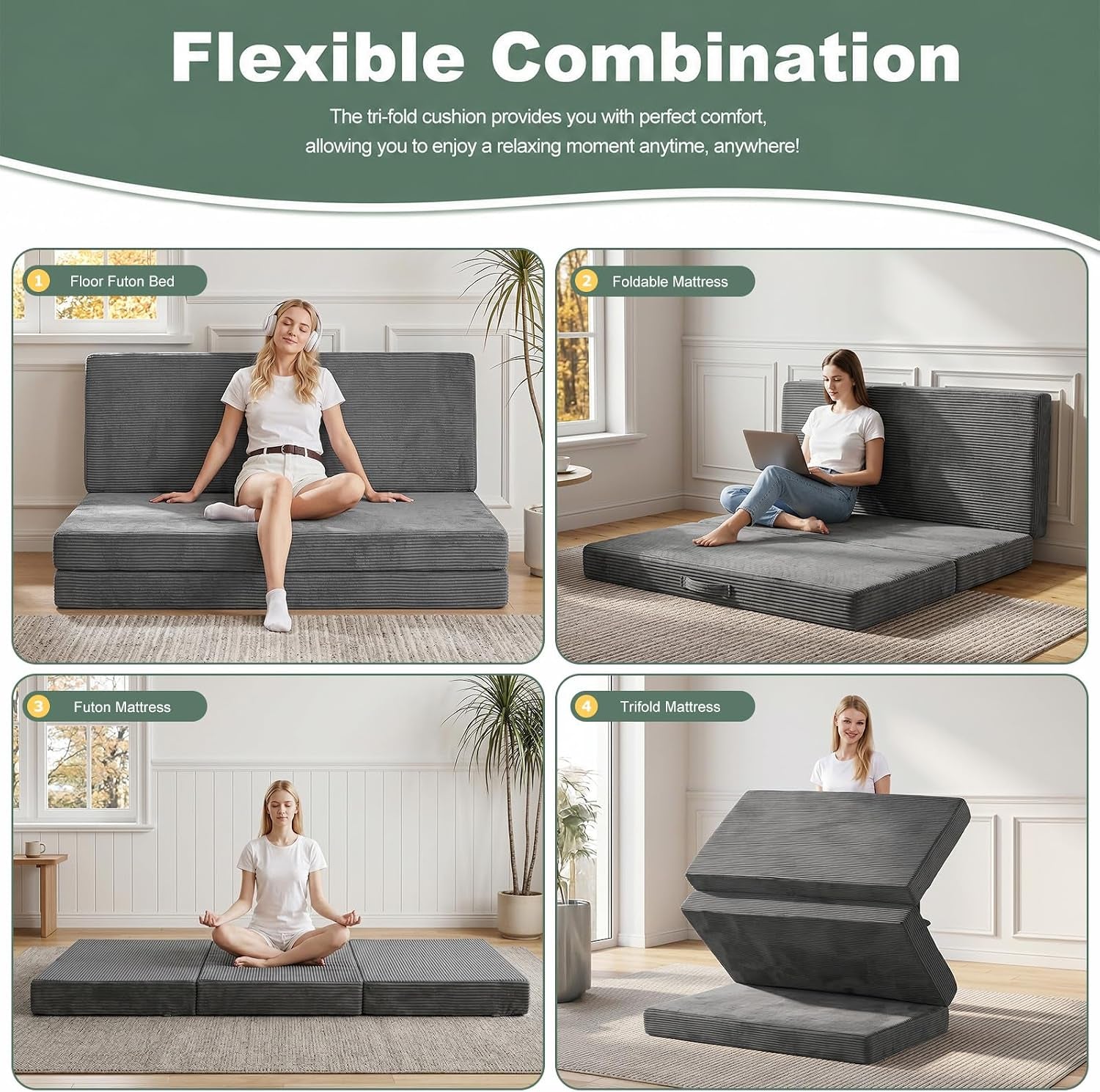Four-scene collage showing the mattress used as a floor futon, foldable mattress, flat futon, and folded tri-fold in grey