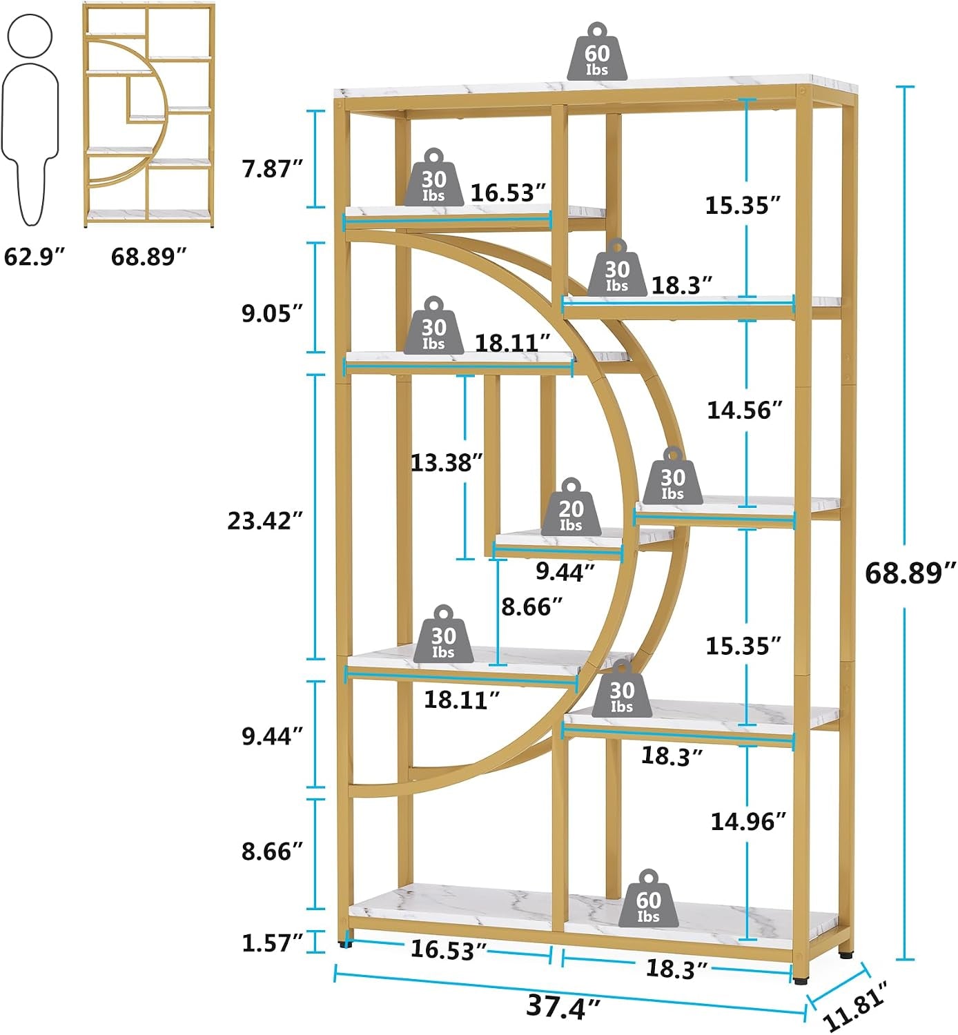 Dimensional diagram of the etagere showing shelf heights, widths and indicated load capacities
