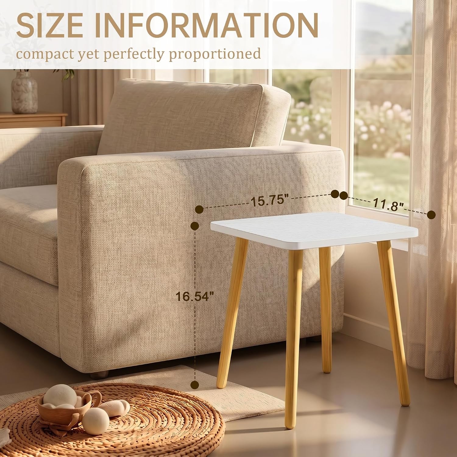 Side table next to sofa showing dimensions 15.75 x 11.8 x 16.54 inches in lifestyle setting