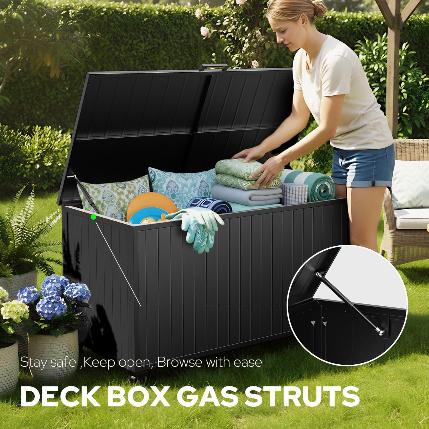 Black outdoor storage box open with a woman placing cushions inside and a close view of the gas‑strut hinge