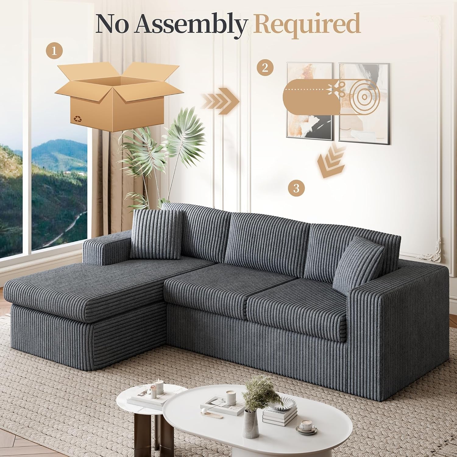 105" Boneless Couches for Living Room,Sectional Couches Modular Sofa with L-Shaped Chaise, Memory Foam Comfy Cloud Couch with Plush Corduroy Fabric, No Assembly Required, (Dark Grey)