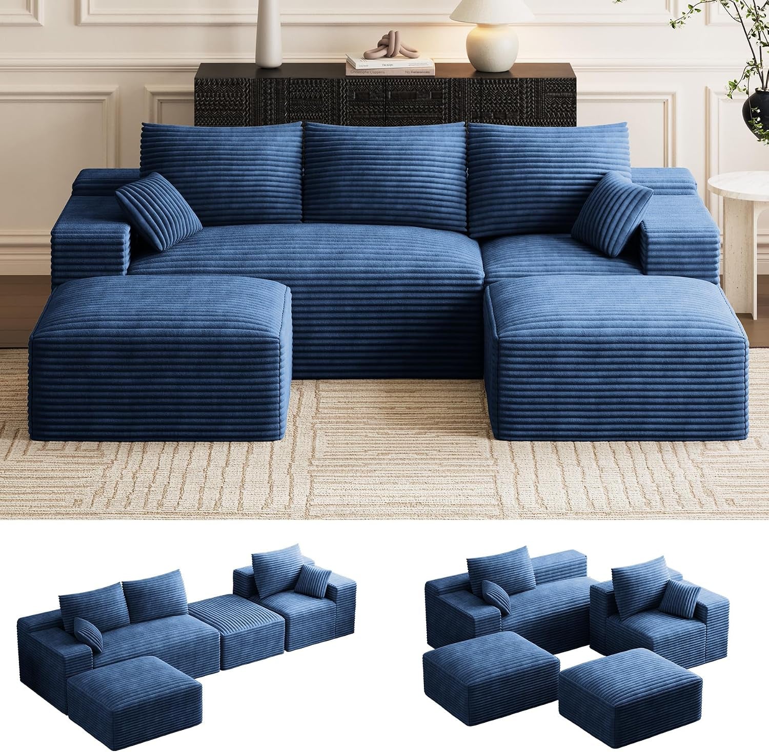 Front-facing blue modular L-shaped sectional with two ottomans and ribbed fabric in a living room.