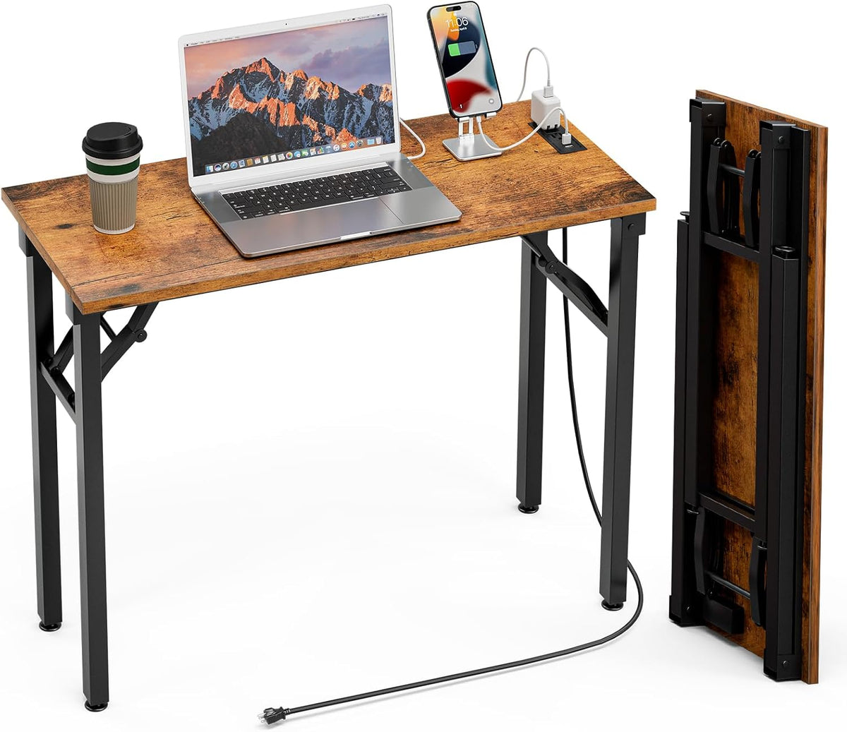 Angled view of the brown wood desk showing folding metal legs and power cord trailing on a white background.