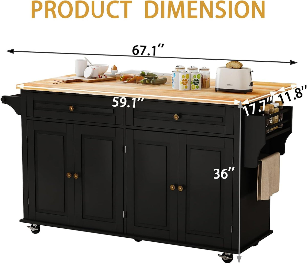 Black rolling kitchen island cart shown with dimensional callouts indicating 67.1" length, 29.5" width and 36" height