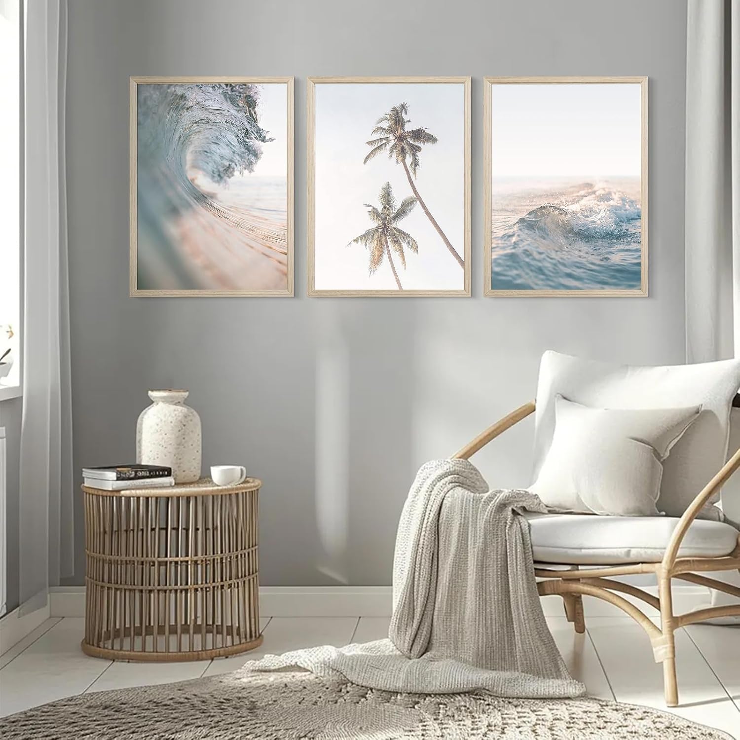 Lhoiplme Beach Wall Art Decor Coastal Ocean Poster Palm Tree Canvas Wall Decor Beachy Room Aesthetic Pictures Blue Waves Prints Beach Coasta Artwork for Bedroom Living Room 12x16 Inch Framed Set of 3