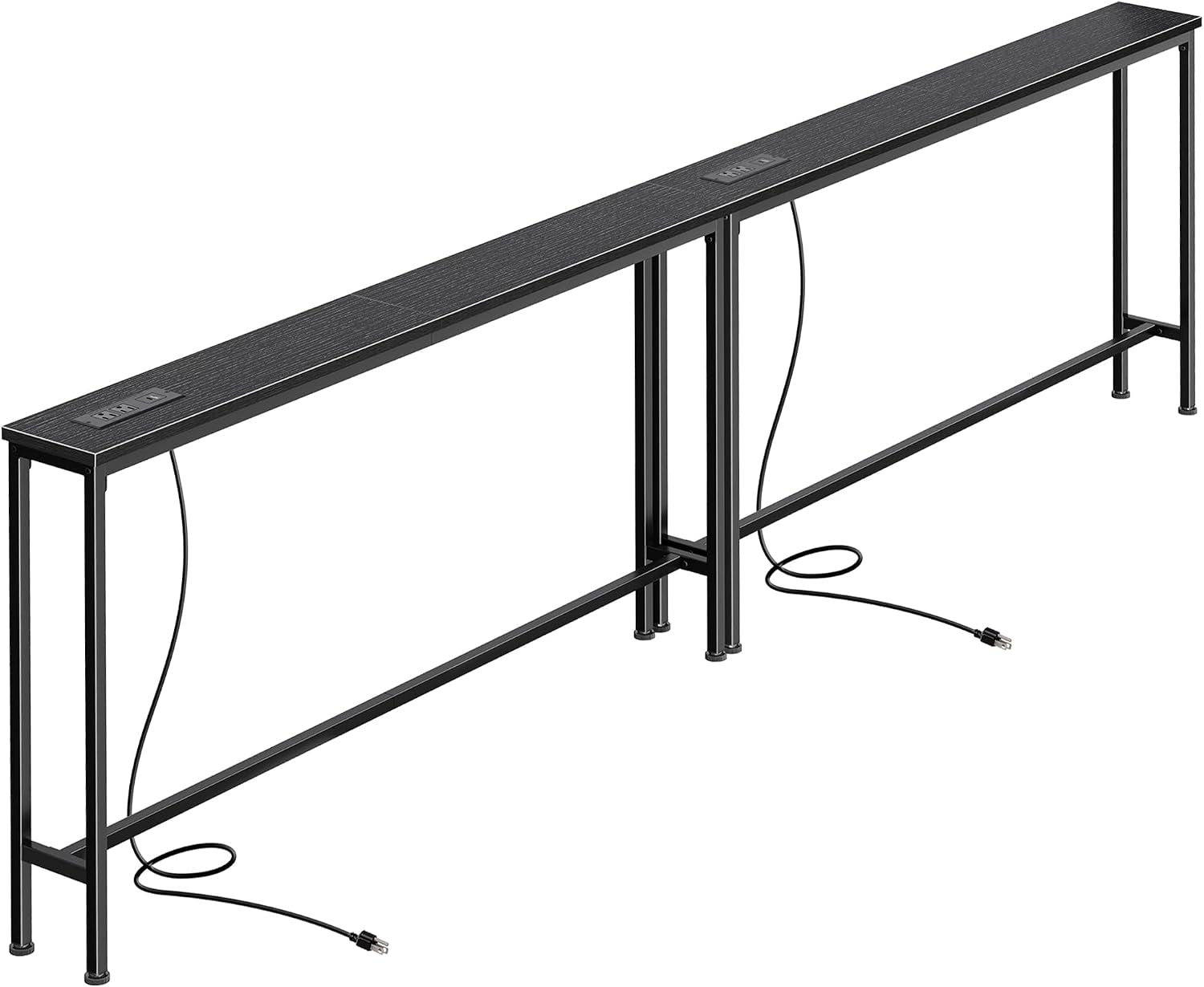 Two slim black-top console tables shown end-to-end, black metal frames and cords visible