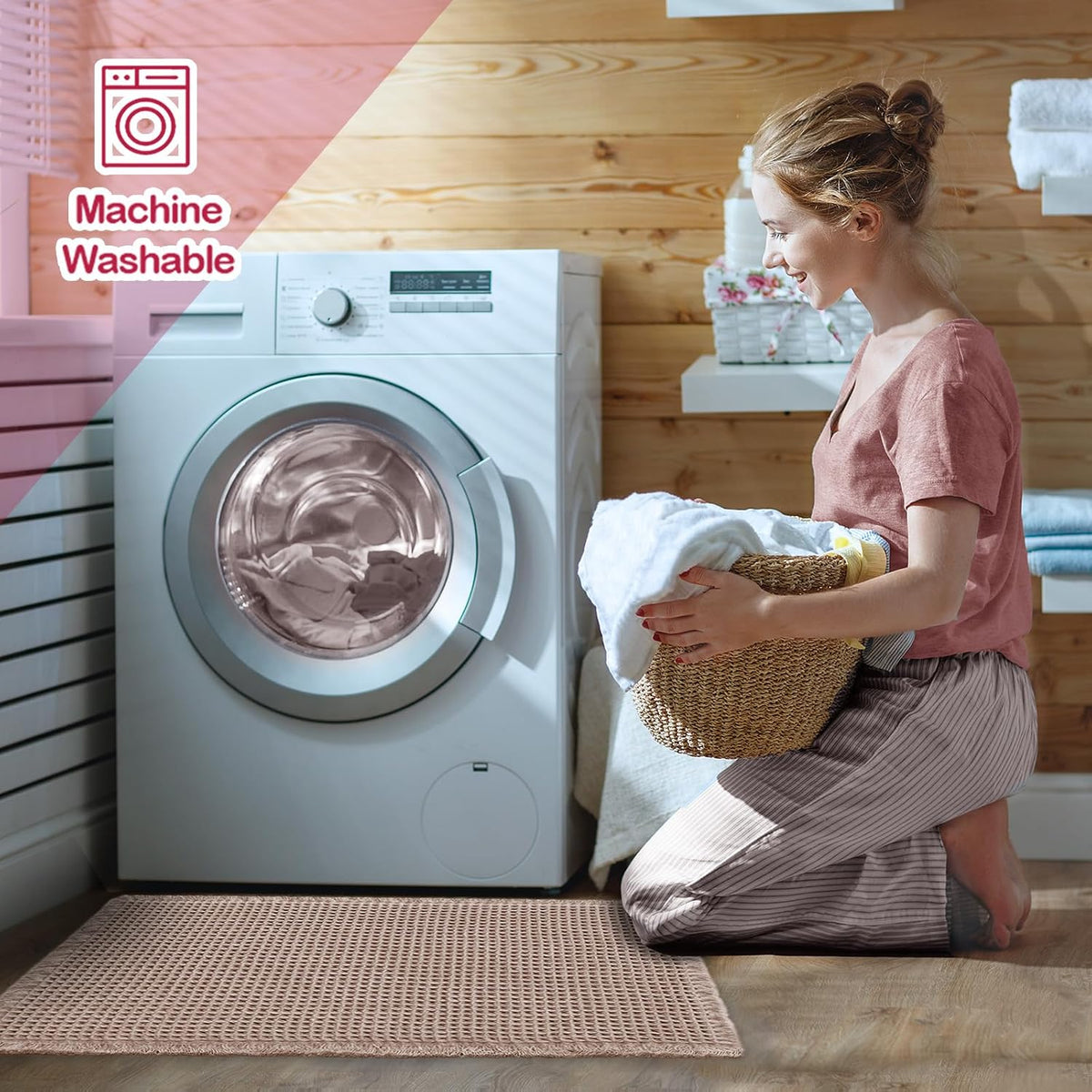 Taupe waffle bath mat on a laundry room floor beside a washing machine