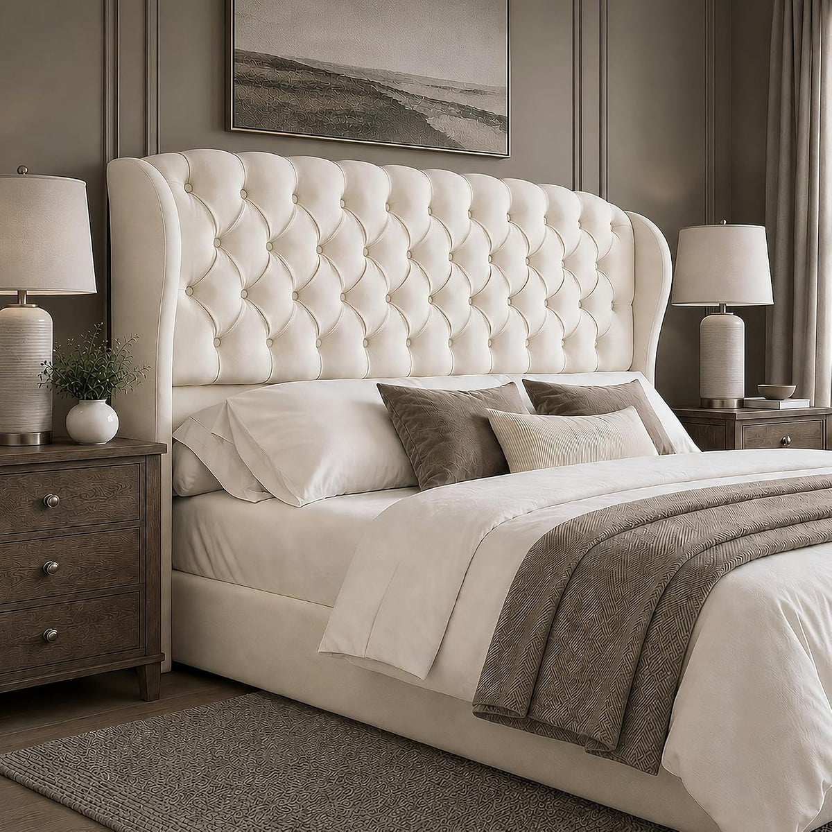 Cream upholstered wingback headboard styled in a neutral bedroom with matching bedside lamps.