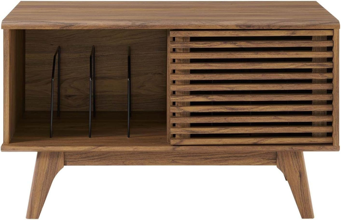 Front view of walnut record cabinet showing open left compartment with metal dividers and right slatted sliding door.