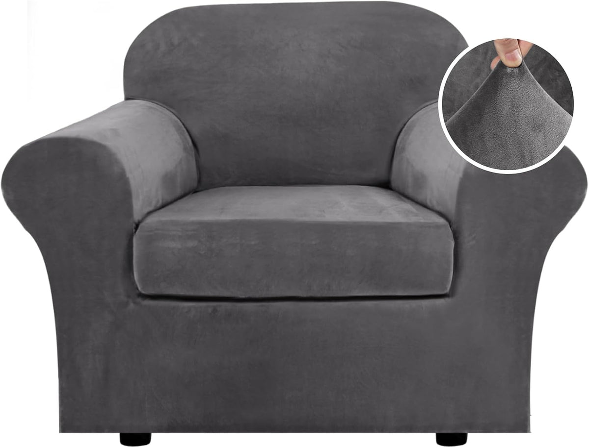 Single-seat gray armchair front view highlighting rounded back and armrests with a circular inset of fabric texture