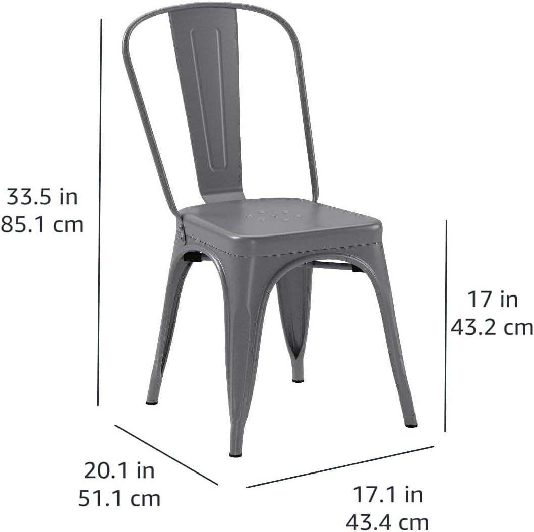 Single dark gray metal dining chair with dimension lines showing height and seat measurements