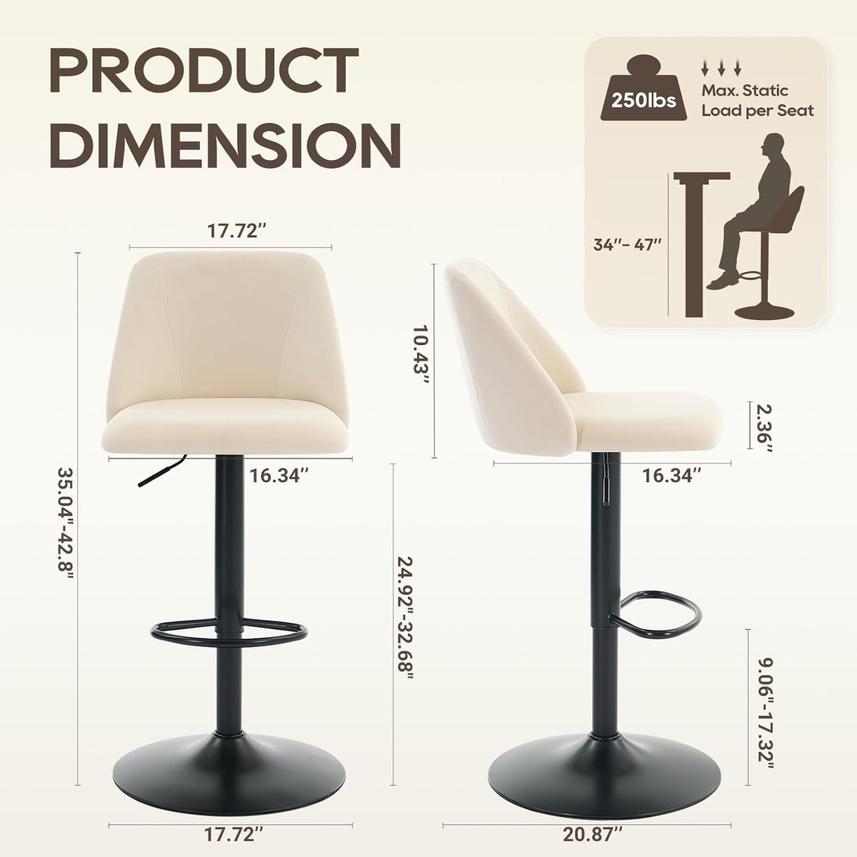 Dimension diagram of the bar stool showing front and side measurements and adjustable seat height labels