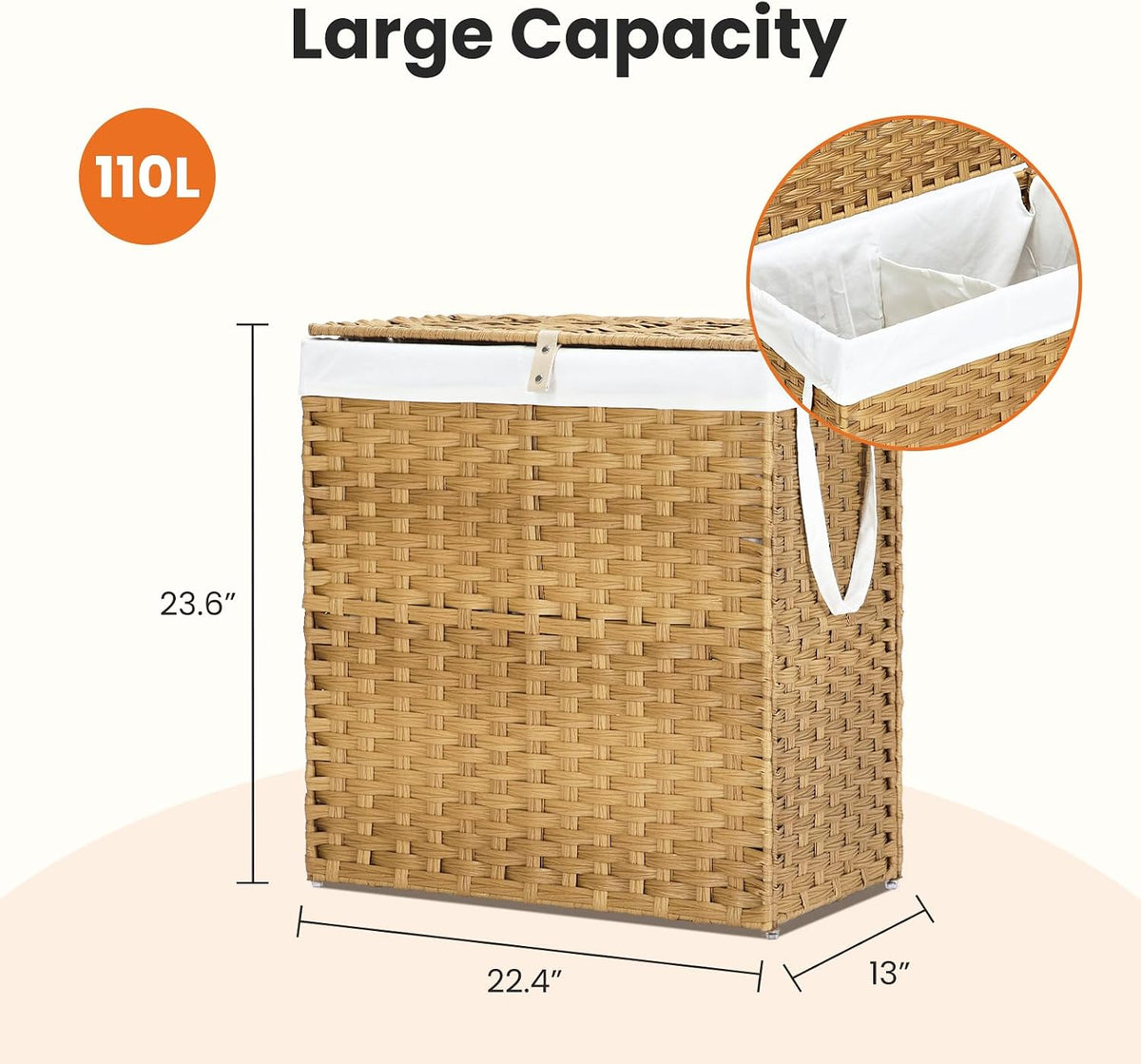 Side angled shot of tan woven laundry hamper with white liner and silicone feet on the floor