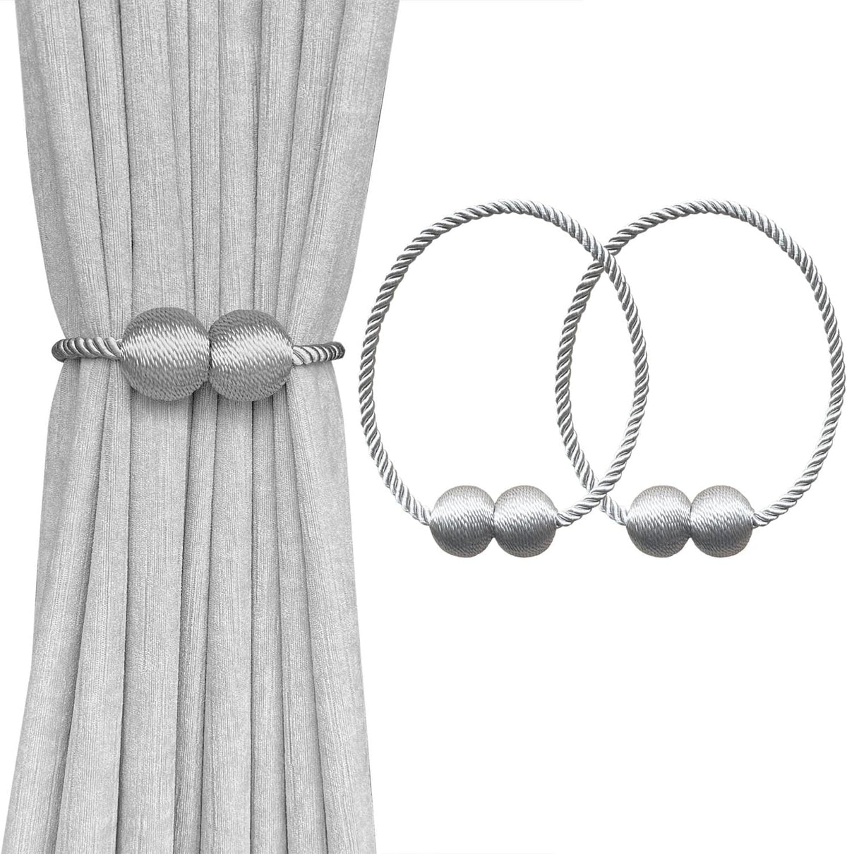 Light gray curtain tied with a silver twisted-rope magnetic tieback and two silver spherical accents; two loose silver loops