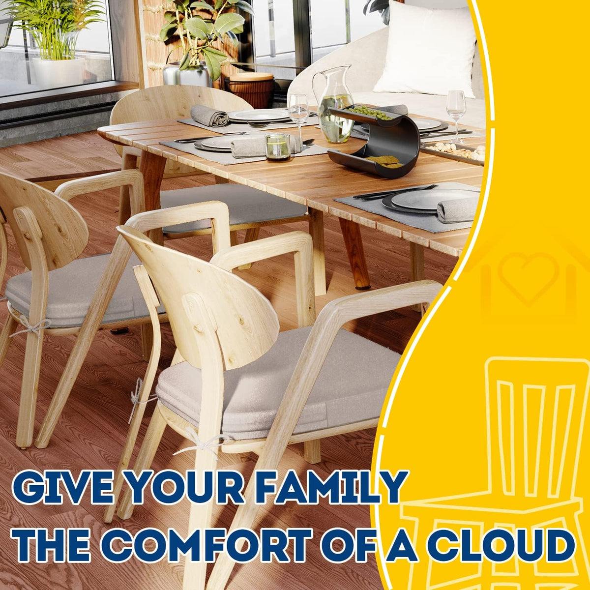 Dining room scene with four wooden chairs fitted with oatmeal beige D-shaped seat cushions tied at the back.