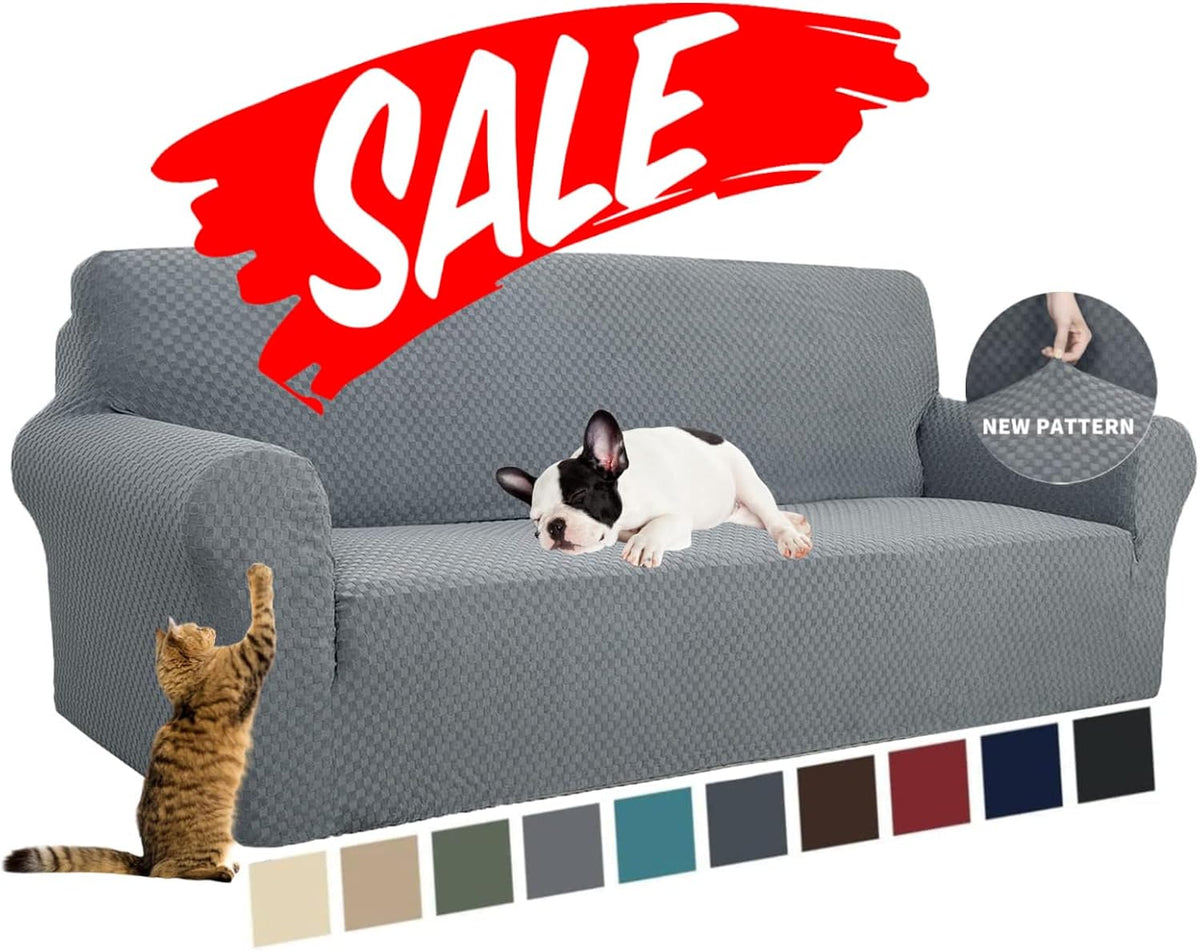 Gray check-pattern slipcover on three-seat sofa with small dog on seat and promotional 'SALE' graphic