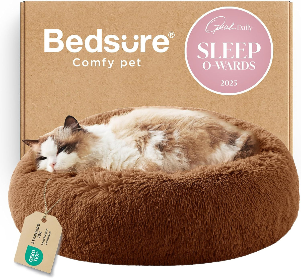 Brown faux-fur round donut pet bed with a fluffy white-and-brown cat lounging