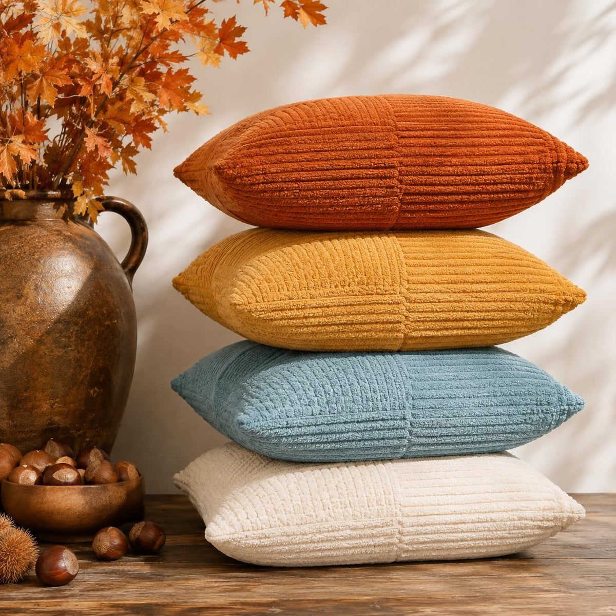 Stack of four ribbed pillows in rust, mustard, teal and cream beside a rustic vase and bowl of nuts.