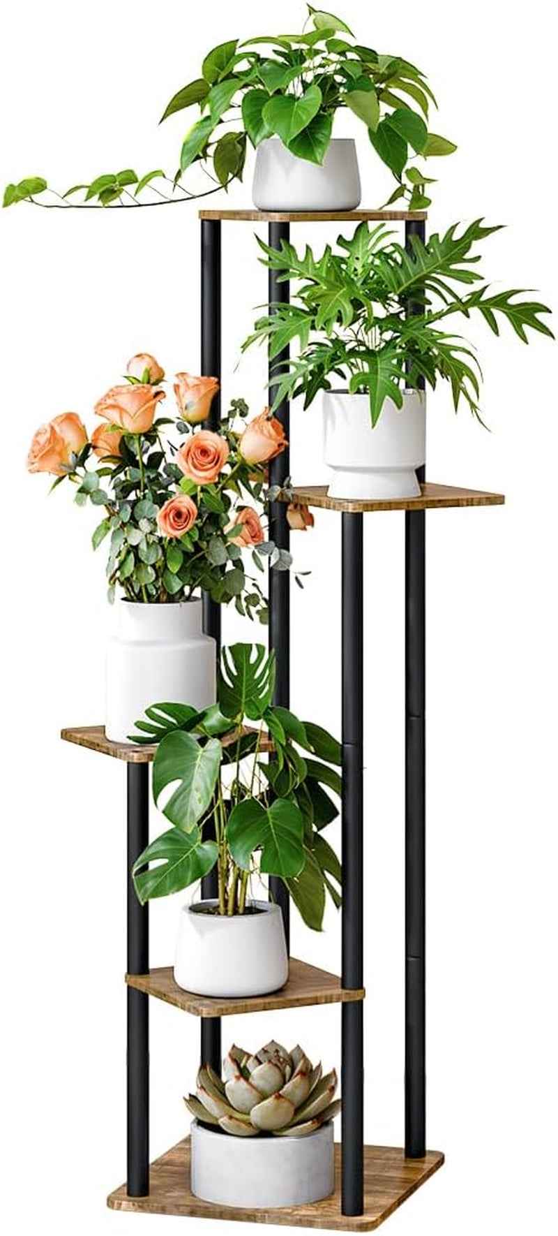 Close-up of the upper tiers showing black posts, a bouquet of peach roses and a potted philodendron