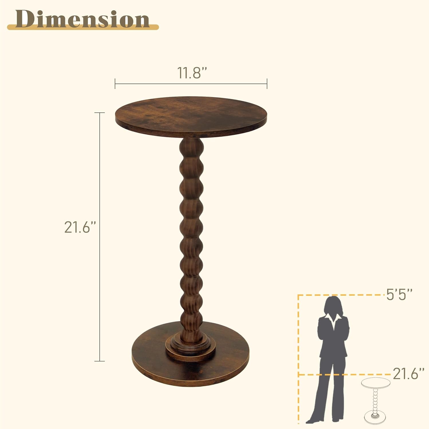 Studio view of the round side table on a plain background with dimension lines indicating tabletop diameter and height.