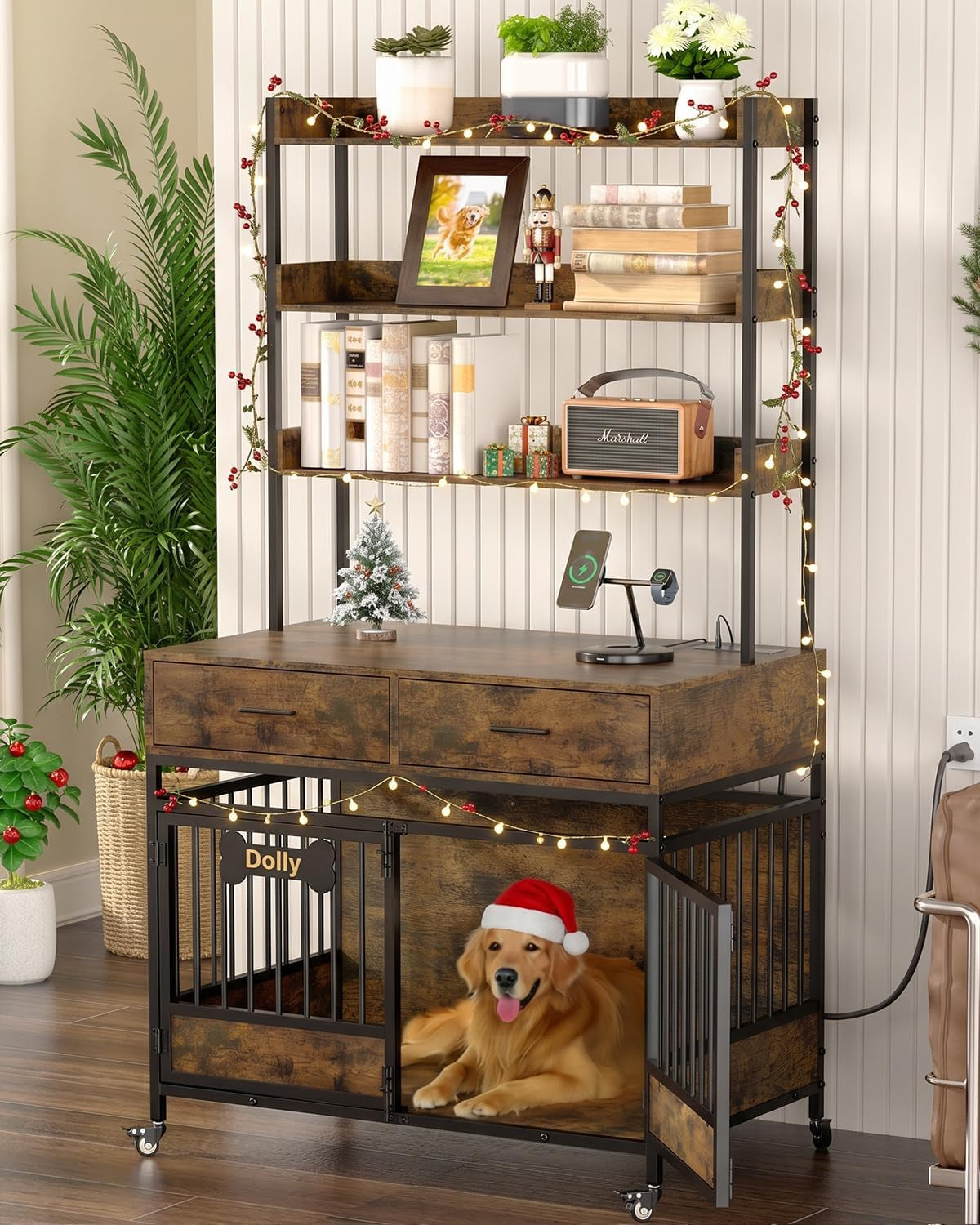 Tall crate cabinet with shelving and drawers above, string lights and a dog resting inside on the bottom right with an open