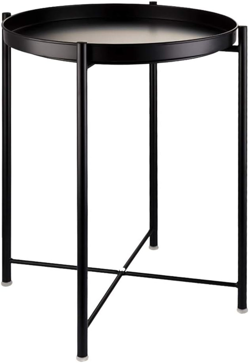 Matte black round metal side table showing raised tray top and crossed leg supports
