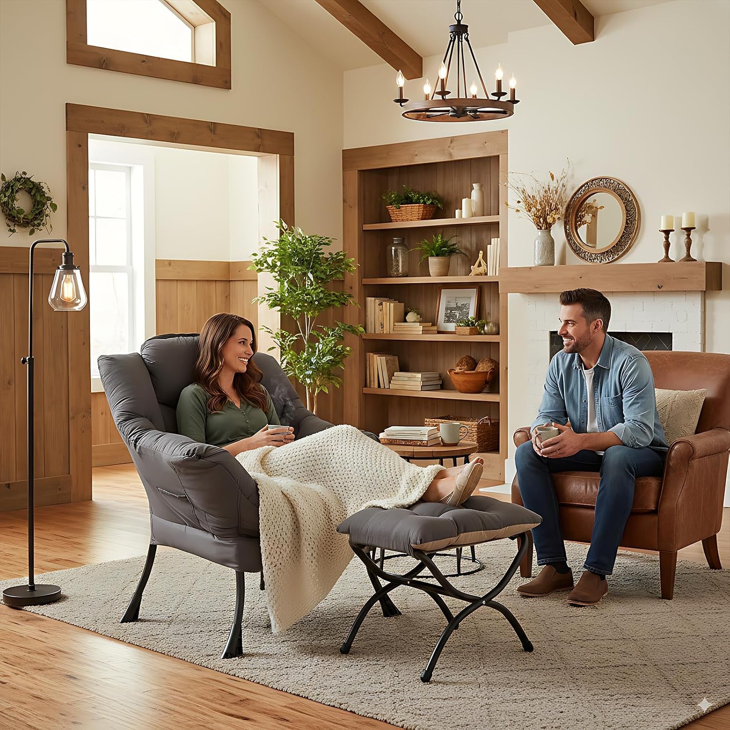 Woman reclining in the gray padded chair with ottoman in a cozy living room while a man sits nearby.