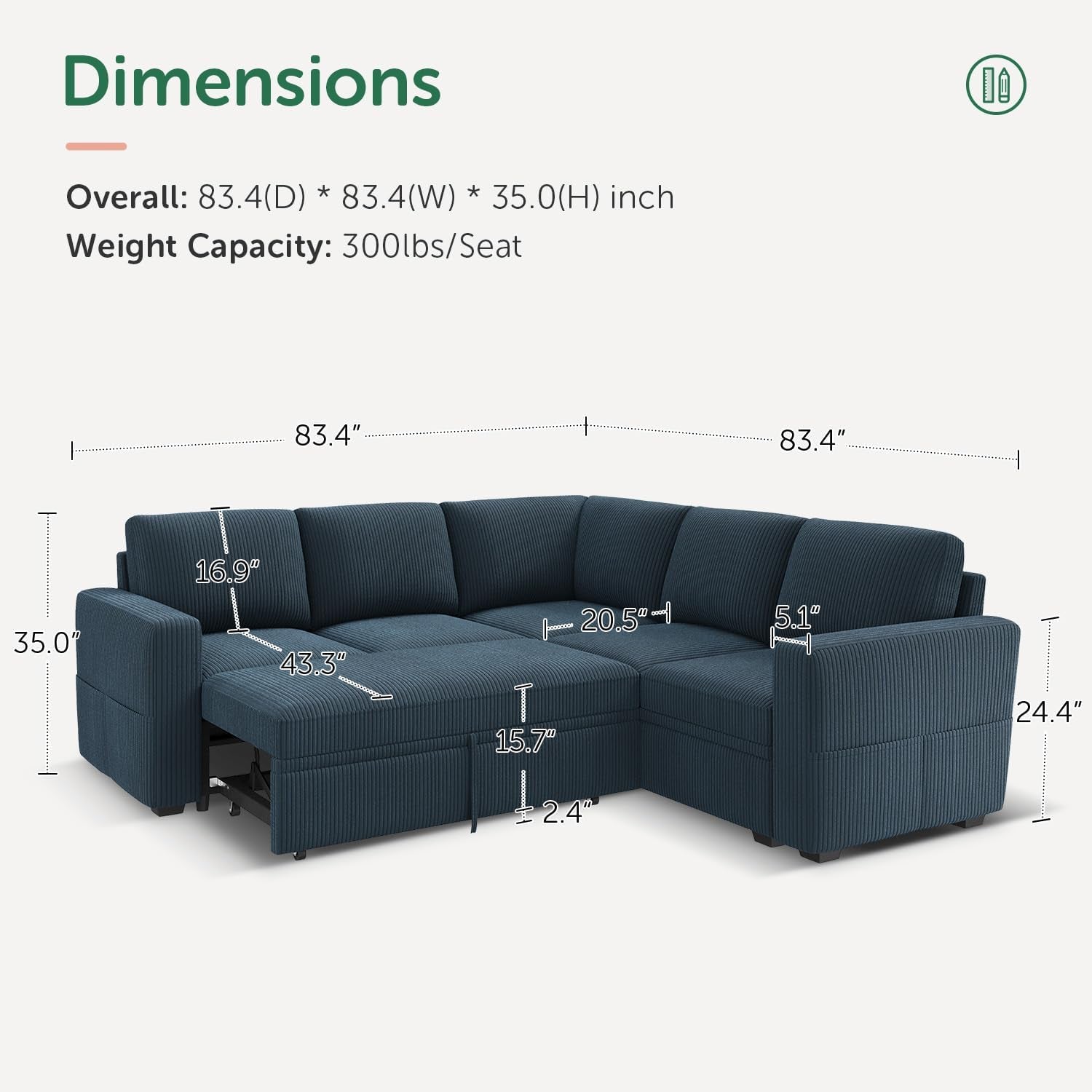 Modular Sectional Sleeper Couch with Pull Out Bed, Corduroy L Shaped Sofa with Storage, Convertible Sectional Couches for Living Room, Blue