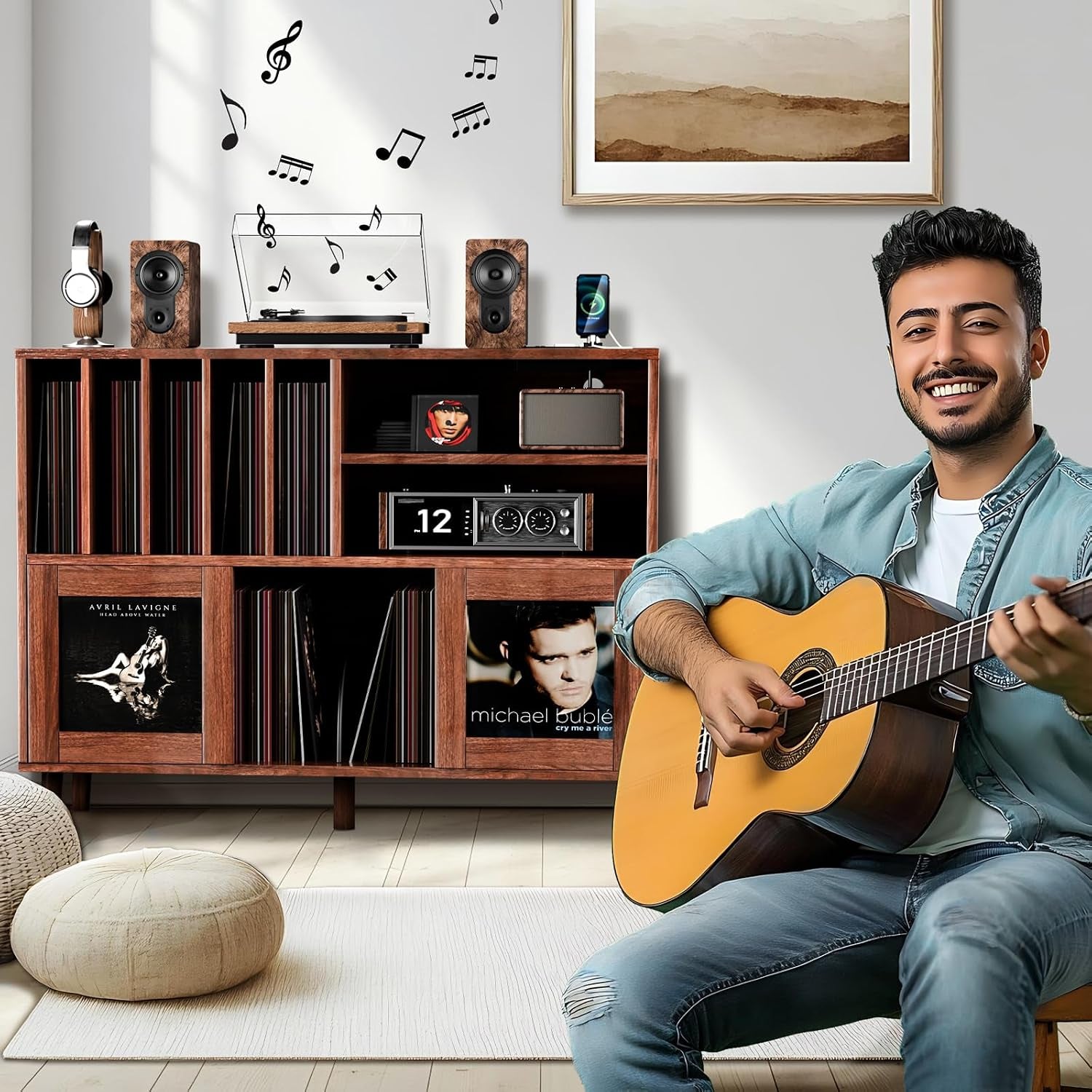 Walnut record player stand in a living room scene with turntable and a man playing guitar beside it
