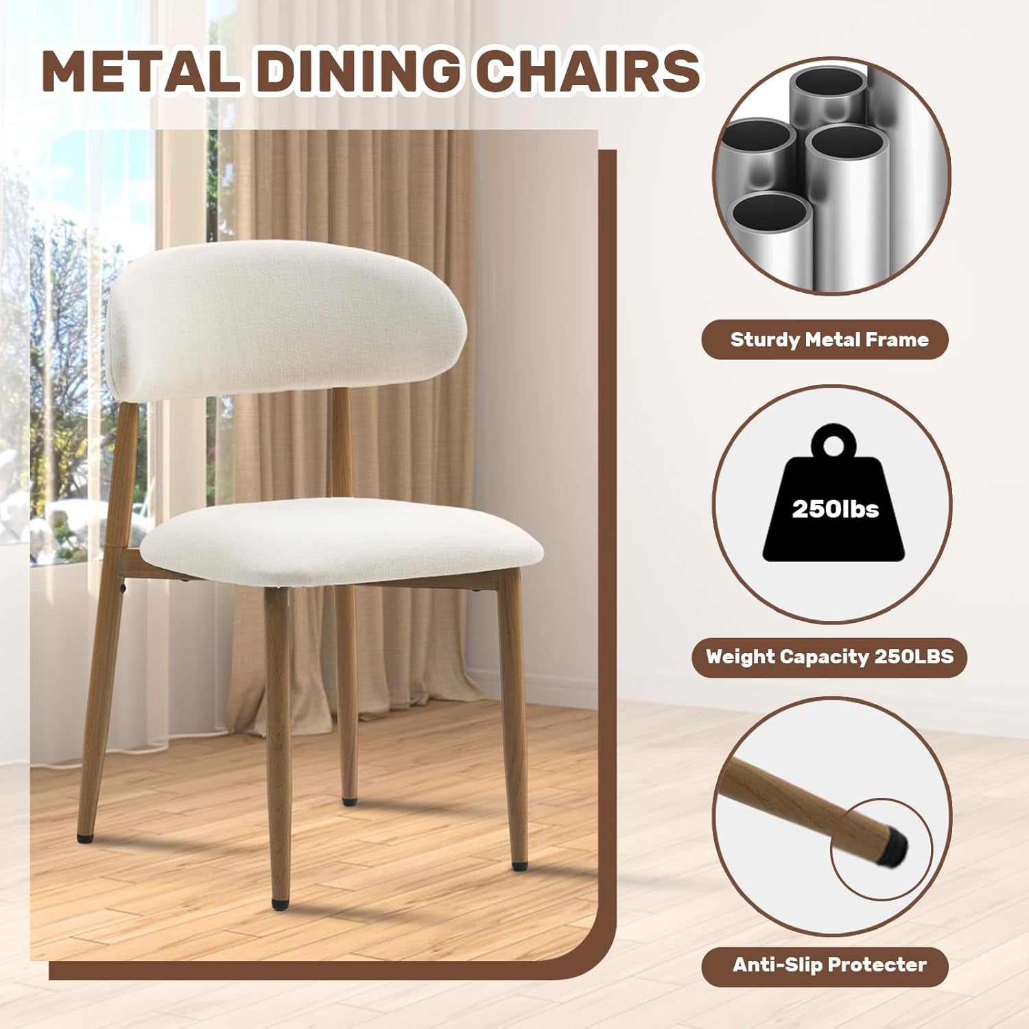 Single beige upholstered dining chair with wood-grain metal legs shown with callouts for 250 lb capacity and anti-slip feet