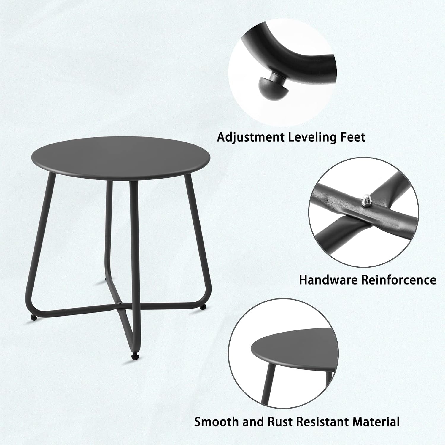 Table with callouts showing adjustable feet, hardware reinforcement, and smooth rust-resistant surface