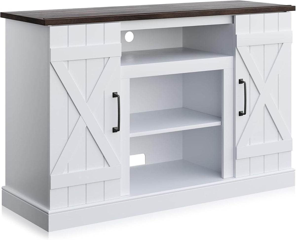 Front three-quarter studio view of the white TV stand variant with contrasting darker top and open shelving with cable hole.