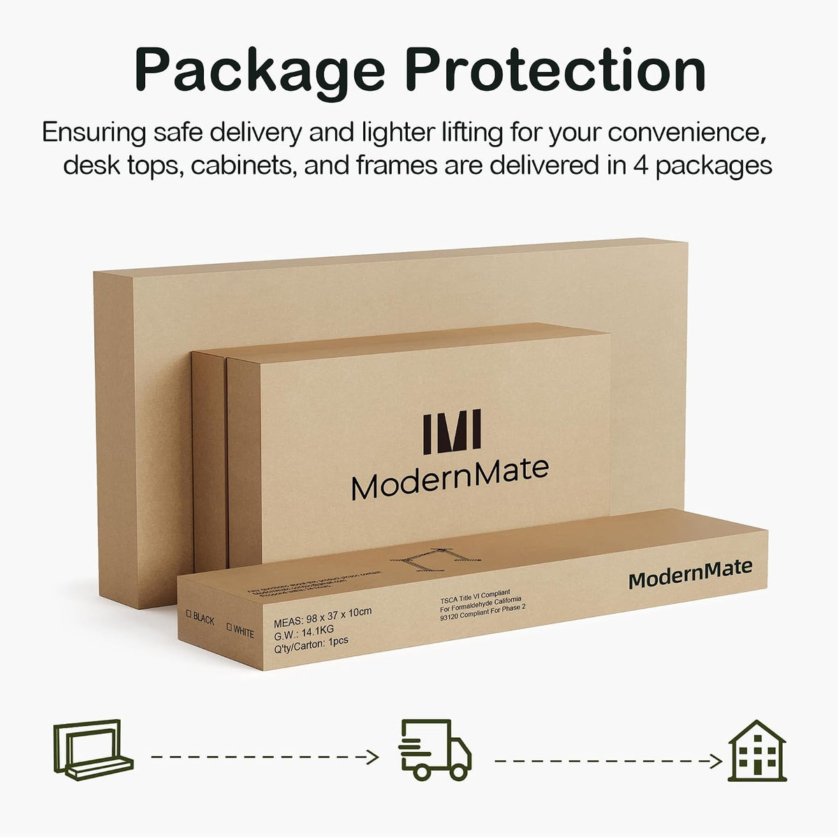 Stacked flat cardboard boxes of various sizes arranged to show packaged desk components.