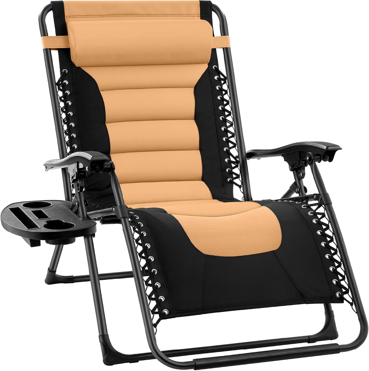 Tan padded zero-gravity recliner front view showing ribbed cushion panels and black laced sides.