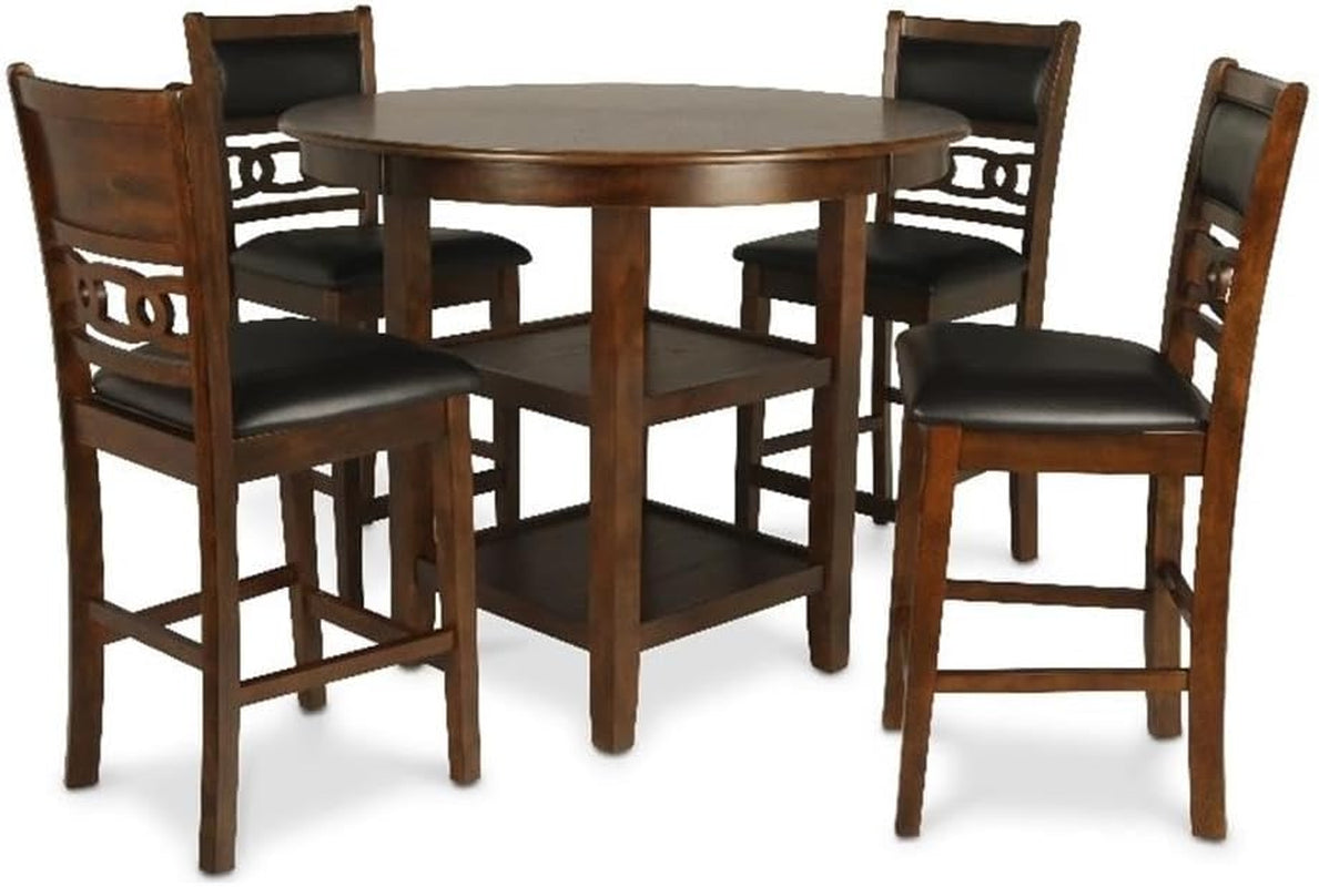 Round counter-height table seen from side with four stools and two-tier center shelf.