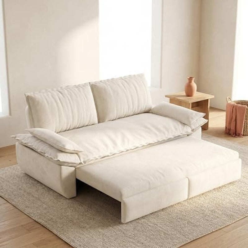 Beige sofa converted to pull-out queen bed showing extended mattress platform in bright room
