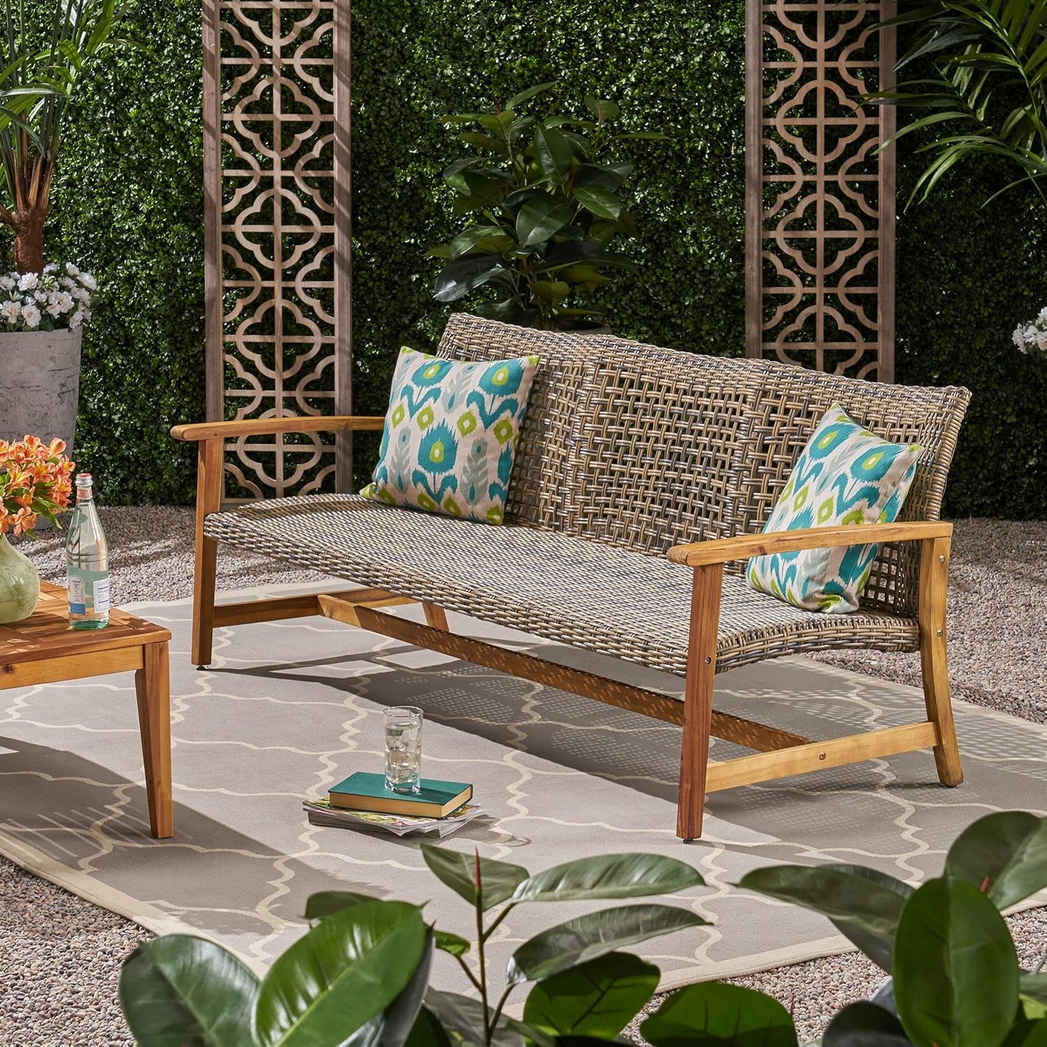 Wicker Sofa, Acacia Frame, 75.50"W x 31.00"D