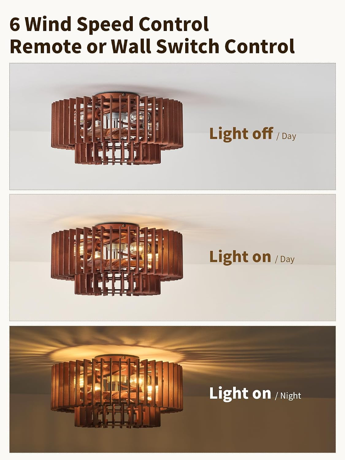 Three-panel series showing the fan off, fan on by day, and fan on at night with light patterns