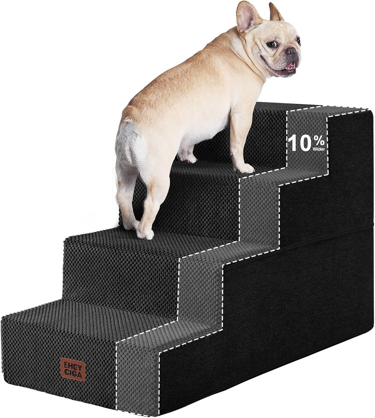 Close-up three-quarter view of black textured four-step stairs with a small tan dog and dashed outline showing added width