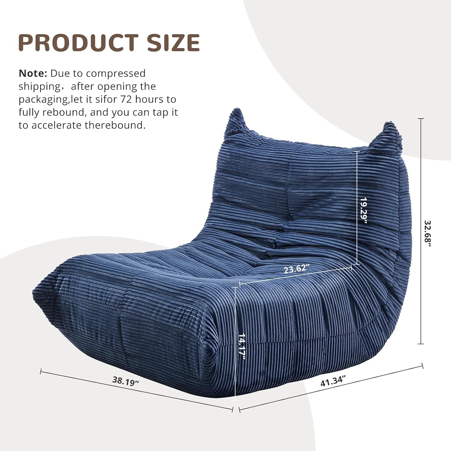 Bean bag chair with white measurement overlays showing labeled dimensions on the blue cover