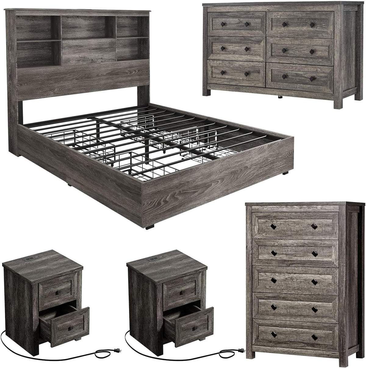 Gray wood platform bed frame with open metal slats, matching 6-drawer dresser, 5-drawer chest and two nightstands shown with