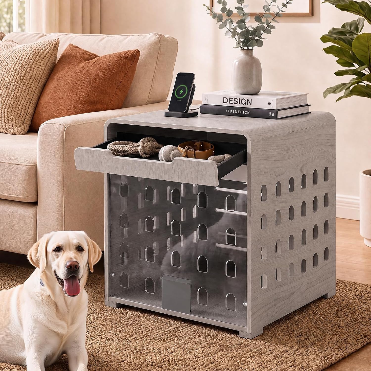 Front view of a gray wooden dog crate end table with closed clear door and a Labrador sitting on the rug.