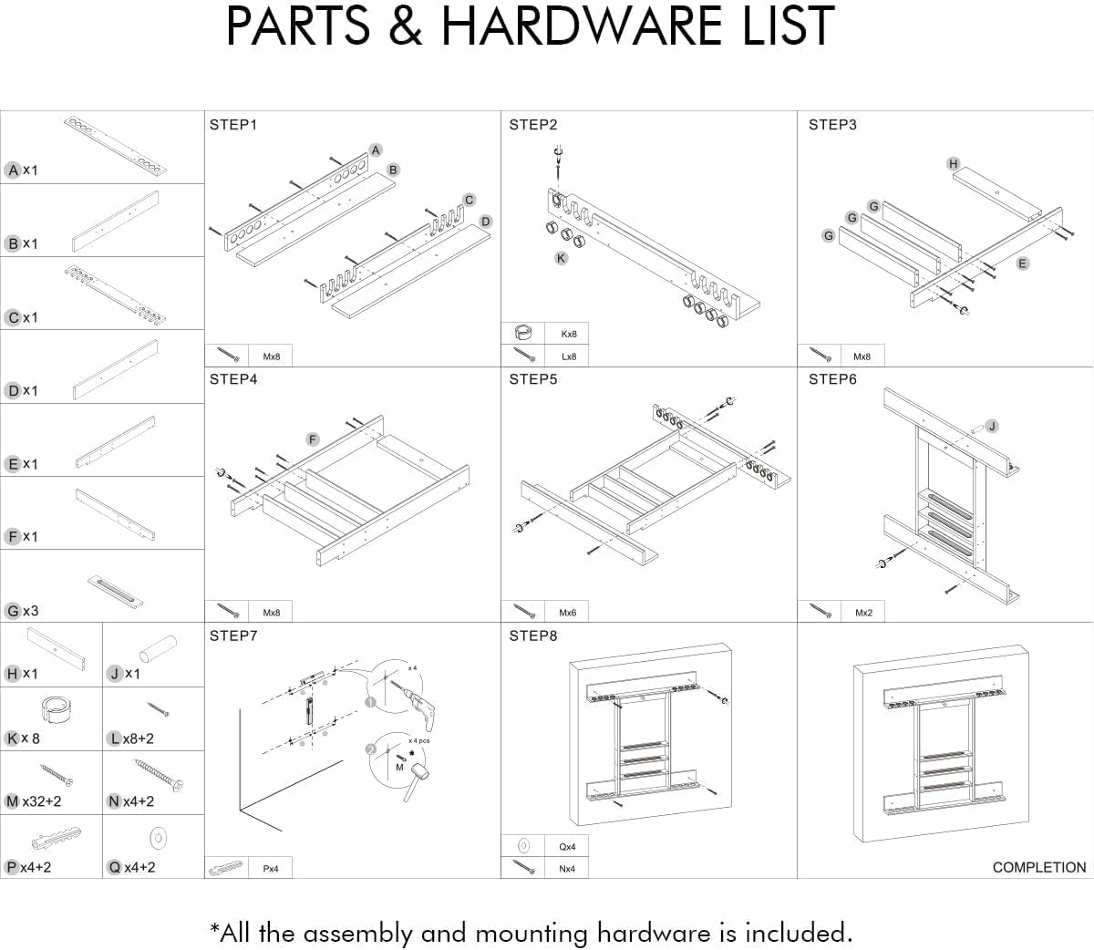 Black-and-white assembly diagram showing labeled parts, step-by-step drawings and a hardware list.